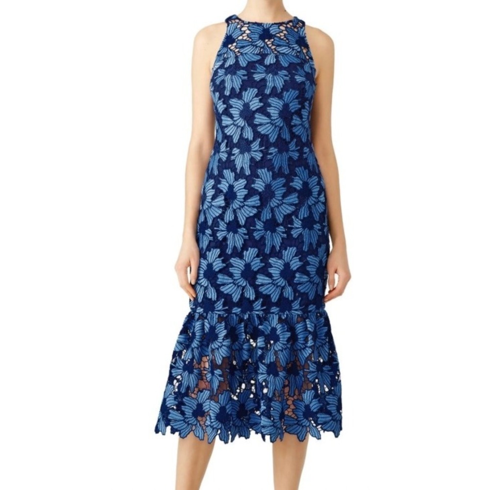 Shoshanna Midnight Blue Floral‎ Guipure Lace Flounce Evening Midi Dress SZ 4